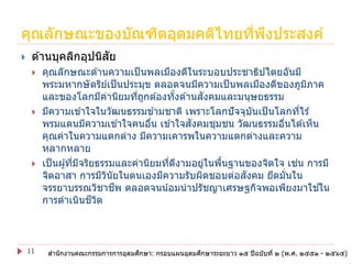 คุณลักษณะของบัณฑิตอุดมคติไทยทีพงประสงค์
่ ึ


ั
ด ้านบุคลิกอุปนิสย






11

คุณลักษณะด ้านความเป็ นพลเมืองดีในระบอบประชาธิปไตยอันมี
พระมหากษั ตริยเป็ นประมุข ตลอดจนมีความเป็ นพลเมืองดีของภูมภาค
์
ิ
ั
และของโลกมีคานิยมทีถกต ้องทังด ้านสงคมและมนุษยธรรม
่
่ ู
้
มีความเข ้าใจในวัฒนธรรมข ้ามชาติ เพราะโลกปั จจุบนเป็ นโลกทีไร ้
ั
่
ั
พรมแดนมีความเข ้าใจคนอืน เข ้าใจสงคมชุมชน วัฒนธรรมอืนได ้เห็น
่
่
คุณค่าในความแตกต่าง มีความเคารพในความแตกต่างและความ
หลากหลาย
่
เป็ นผู ้ทีมจริยธรรมและค่านิยมทีดงามอยูในพืนฐานของจิตใจ เชน การมี
่ ี
่ ี
่
้
ั
จิตอาสา การมีวนัยในตนเองมีความรับผิดชอบต่อสงคม ยึดมันใน
ิ
่
ี
้
จรรยาบรรณวิชาชพ ตลอดจนน ้อมนาปรัชญาเศรษฐกิจพอเพียงมาใชใน
ี ิ
การดาเนินชวต

ึ
ึ
สานักงานคณะกรรมการการอุดมศกษา: กรอบแผนอุดมศกษาระยะยาว ๑๕ ปี ฉบับที่ ๒ (พ.ศ. ๒๕๕๑ - ๒๕๖๕)

 
