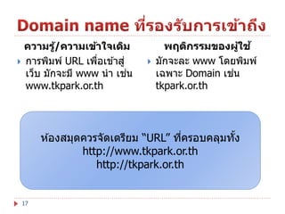 ความรู/ความเข้าใจเดิม
้
 การพิมพ์ URL เพือเข ้าสู่
่
่
เว็บ มักจะมี www นา เชน
www.tkpark.or.th



พฤติกรรมของผูใช ้
้
มักจะละ www โดยพิมพ์
่
เฉพาะ Domain เชน
tkpark.or.th

ห ้องสมุดควรจัดเตรียม “URL” ทีครอบคลุมทัง
่
้
http://www.tkpark.or.th
http://tkpark.or.th

17

 