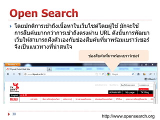 

โดยปกติการเข ้าถึงเนือหาในเว็บไซต์โดยผู ้ใช ้ มักจะใช ้
้
ื
การสบค ้นมากกว่าการเข ้าถึงตรงผ่าน URL ดังนันการพัฒนา
้
่
ื
เว็บให ้สามารถฝั งตัวเองกับชองสบค ้นทีมาพร ้อมเบราว์เซอร์
่
จึงเป็ นแนวทางทีน่าสนใจ
่
่
ื
ชองสบค ้นทีมาพร ้อมเบราว์เซอร์
่

30

http://www.opensearch.org

 