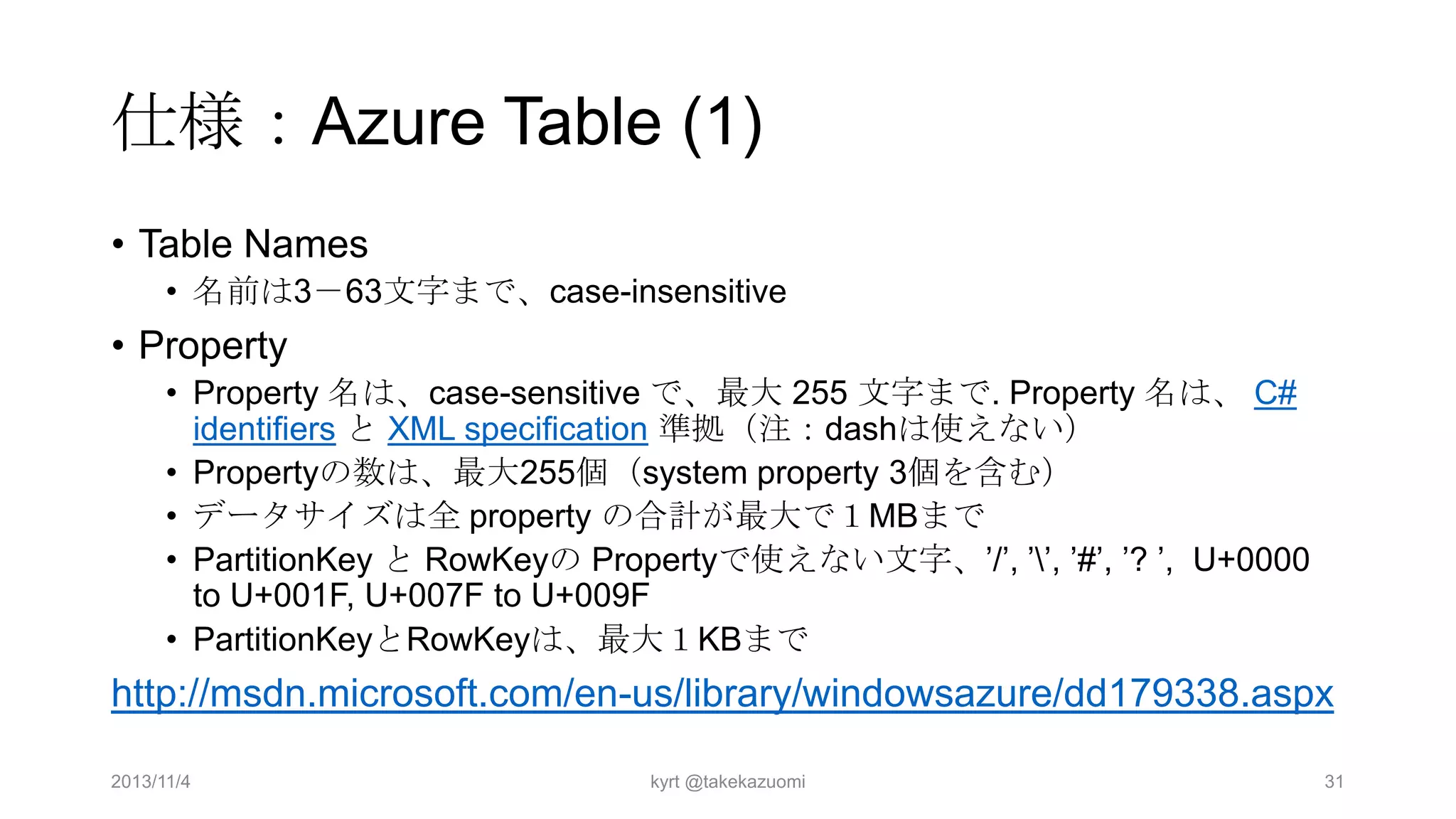 仕様：Azure Table (1)
• Table Names
• 名前は3－63文字まで、case-insensitive

• Property
• Property 名は、case-sensitive で、最大 255 文字まで. Property 名は、 C#
identifiers と XML specification 準拠（注：dashは使えない）
• Propertyの数は、最大255個（system property 3個を含む）
• データサイズは全 property の合計が最大で１MBまで
• PartitionKey と RowKeyの Propertyで使えない文字、’/’, ’’, ’#’, ’? ’, U+0000
to U+001F, U+007F to U+009F
• PartitionKeyとRowKeyは、最大１KBまで

http://msdn.microsoft.com/en-us/library/windowsazure/dd179338.aspx
2013/11/4

kyrt @takekazuomi

31

 