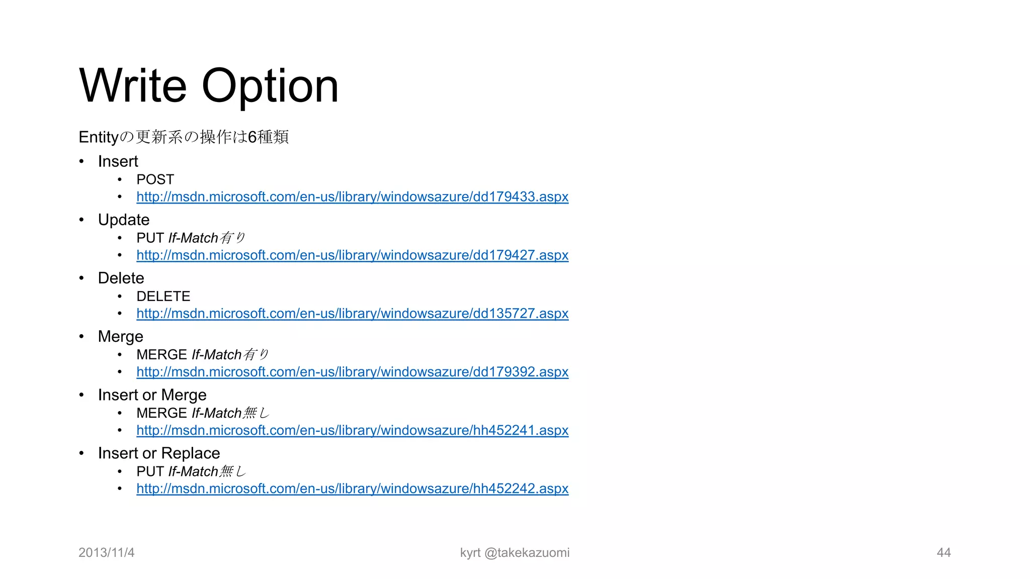 Write Option
Entityの更新系の操作は6種類
• Insert
•
•

POST
http://msdn.microsoft.com/en-us/library/windowsazure/dd179433.aspx

• Update
•
•

PUT If-Match有り
http://msdn.microsoft.com/en-us/library/windowsazure/dd179427.aspx

• Delete
•
•

DELETE
http://msdn.microsoft.com/en-us/library/windowsazure/dd135727.aspx

• Merge
•
•

MERGE If-Match有り
http://msdn.microsoft.com/en-us/library/windowsazure/dd179392.aspx

• Insert or Merge
•
•

MERGE If-Match無し
http://msdn.microsoft.com/en-us/library/windowsazure/hh452241.aspx

• Insert or Replace
•
•

2013/11/4

PUT If-Match無し
http://msdn.microsoft.com/en-us/library/windowsazure/hh452242.aspx

kyrt @takekazuomi

44

 