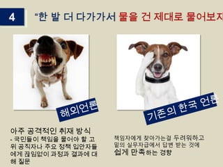 4

“한 발 더 다가가서 물을 건 제대로 물어보자

아주 공격적인 취재 방식

- 국민들이 책임을 물어야 할 고
위 공직자나 주요 정책 입안자들
에게 끊임없이 과정과 결과에 대
해 질문

책임자에게 찾아가는걸 두려워하고
밑의 실무자급에서 답변 받는 것에

쉽게 만족하는 경향

 