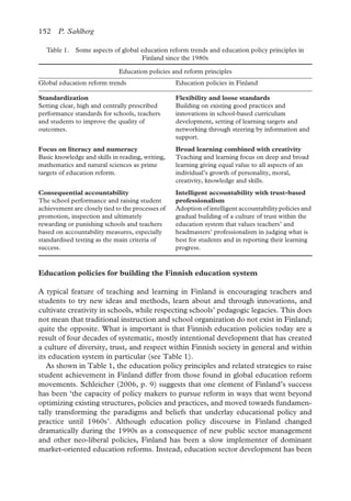 152 P. Sahlberg
Education policies for building the Finnish education system
A typical feature of teaching and learning in Finland is encouraging teachers and
students to try new ideas and methods, learn about and through innovations, and
cultivate creativity in schools, while respecting schools’ pedagogic legacies. This does
not mean that traditional instruction and school organization do not exist in Finland;
quite the opposite. What is important is that Finnish education policies today are a
result of four decades of systematic, mostly intentional development that has created
a culture of diversity, trust, and respect within Finnish society in general and within
its education system in particular (see Table 1).
As shown in Table 1, the education policy principles and related strategies to raise
student achievement in Finland differ from those found in global education reform
movements. Schleicher (2006, p. 9) suggests that one element of Finland’s success
has been ‘the capacity of policy makers to pursue reform in ways that went beyond
optimizing existing structures, policies and practices, and moved towards fundamen-
tally transforming the paradigms and beliefs that underlay educational policy and
practice until 1960s’. Although education policy discourse in Finland changed
dramatically during the 1990s as a consequence of new public sector management
and other neo-liberal policies, Finland has been a slow implementer of dominant
market-oriented education reforms. Instead, education sector development has been
Table 1. Some aspects of global education reform trends and education policy principles in
Finland since the 1980s
Education policies and reform principles
Global education reform trends Education policies in Finland
Standardization
Setting clear, high and centrally prescribed
performance standards for schools, teachers
and students to improve the quality of
outcomes.
Flexibility and loose standards
Building on existing good practices and
innovations in school-based curriculum
development, setting of learning targets and
networking through steering by information and
support.
Focus on literacy and numeracy
Basic knowledge and skills in reading, writing,
mathematics and natural sciences as prime
targets of education reform.
Broad learning combined with creativity
Teaching and learning focus on deep and broad
learning giving equal value to all aspects of an
individual’s growth of personality, moral,
creativity, knowledge and skills.
Consequential accountability
The school performance and raising student
achievement are closely tied to the processes of
promotion, inspection and ultimately
rewarding or punishing schools and teachers
based on accountability measures, especially
standardised testing as the main criteria of
success.
Intelligent accountability with trust-based
professionalism
Adoption of intelligent accountability policies and
gradual building of a culture of trust within the
education system that values teachers’ and
headmasters’ professionalism in judging what is
best for students and in reporting their learning
progress.
 