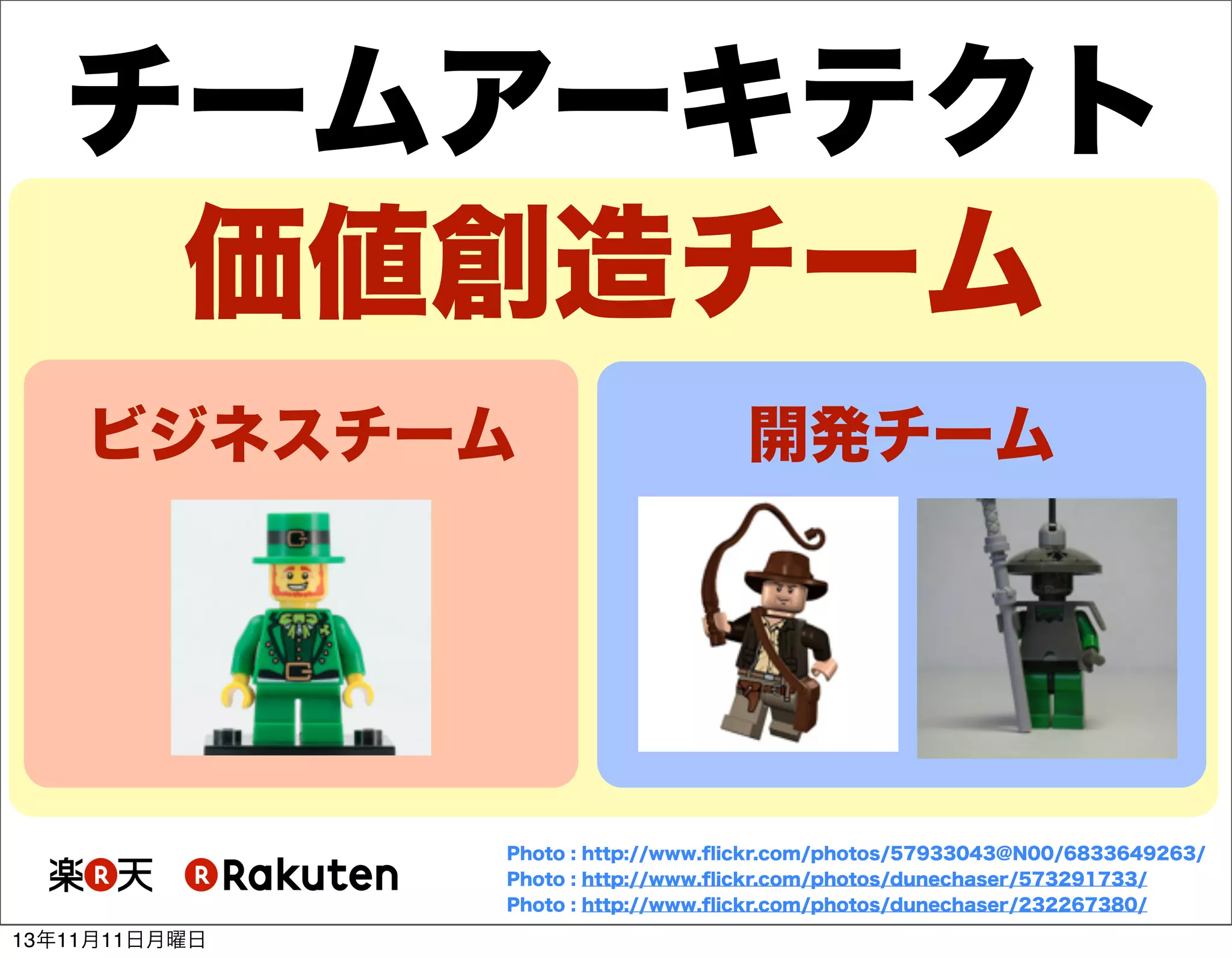 チームアーキテクト
価値創造チーム
ビジネスチーム

開発チーム

Photo : http://www.ﬂickr.com/photos/57933043@N00/6833649263/
Photo : http://www.ﬂickr.com/photos/dunechaser/573291733/
Photo : http://www.ﬂickr.com/photos/dunechaser/232267380/

13年11月11日月曜日

 