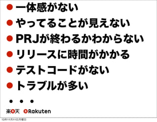  一体感がない
 やってることが見えない
 PRJが終わるかわからない
 リリースに時間がかかる
 テストコードがない
 トラブルが多い
・・・
13年11月11日月曜日

 