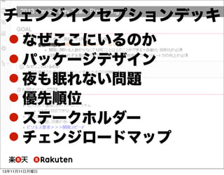 チェンジインセプションデッキ
 なぜここにいるのか
 パッケージデザイン
 夜も眠れない問題
 優先順位
 ステークホルダー
 チェンジロードマップ
13年11月11日月曜日

 
