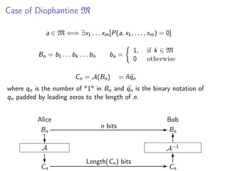 Case of Diophantine M
a ∈ M ⇐⇒ ∃x1 . . . xm [P(a, x1 , . . . , xm ) = 0]
Bn = b1 . . . bk . . . bn

ba =

Cn = A(Bn )

1,
0

if k ∈ M
otherwise

= n qn
˜

where qn is the number of "1" in Bn and qn is the binary notation of
qn padded by leading zeros to the length of n.
Alice
Bn

Bob
n bits

?

A−1

A

?

Cn

- Bn
6

Length(Cn ) bits

6
-C
n

 