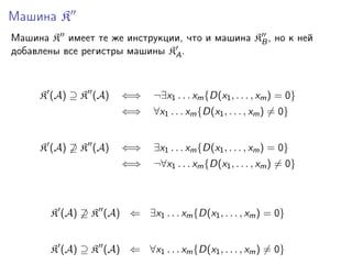 Машина K
Машина K имеет те же инструкции, что и машина KB , но к ней
добавлены все регистры машины KA .

K (A) ⊇ K (A)

¬∃x1 . . . xm {D(x1 , . . . , xm ) = 0}

⇐⇒

∀x1 . . . xm {D(x1 , . . . , xm ) = 0}

⇐⇒

∃x1 . . . xm {D(x1 , . . . , xm ) = 0}

⇐⇒

K (A) ⊇ K (A)

⇐⇒

¬∀x1 . . . xm {D(x1 , . . . , xm ) = 0}

K (A) ⊇ K (A) ⇐ ∃x1 . . . xm {D(x1 , . . . , xm ) = 0}
K (A) ⊇ K (A) ⇐ ∀x1 . . . xm {D(x1 , . . . , xm ) = 0}

 
