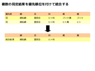 複数の同定結果を優先順位を付けて統合する 
優先度綱目科属種 
同哺乳綱霊長目ヒト科ゴリラ属ゴリラ 
同哺乳綱霊長目ヒト科ヒト属ヒト 
綱目科属種 
統合結果哺乳綱霊長目ヒト科 
 