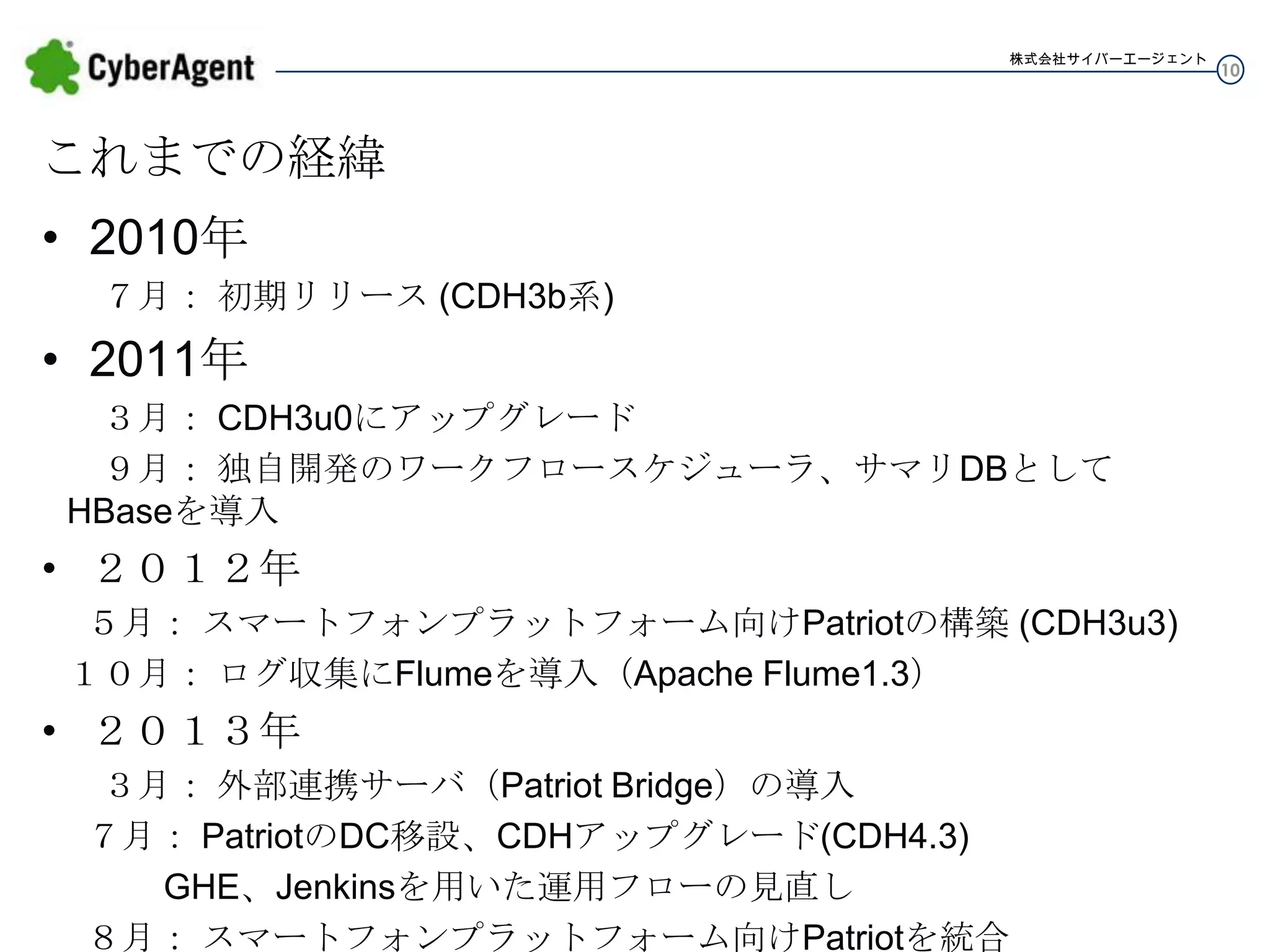 株式会社サイバーエージェント

これまでの経緯

• 2010年
７月： 初期リリース (CDH3b系)

• 2011年
３月： CDH3u0にアップグレード
９月： 独自開発のワークフロースケジューラ、サマリDBとしてHBaseを導入

• ２０１２年
５月： スマートフォンプラットフォーム向けPatriotの構築 (CDH3u3)
１０月： ログ収集にFlumeを導入（Apache Flume1.3）

• ２０１３年
３月： 外部連携サーバ（Patriot Bridge）の導入
７月： PatriotのDC移設、CDHアップグレード(CDH4.3)
GHE、Jenkinsを用いた運用フローの見直し
８月： スマートフォンプラットフォーム向けPatriotを統合

10

 