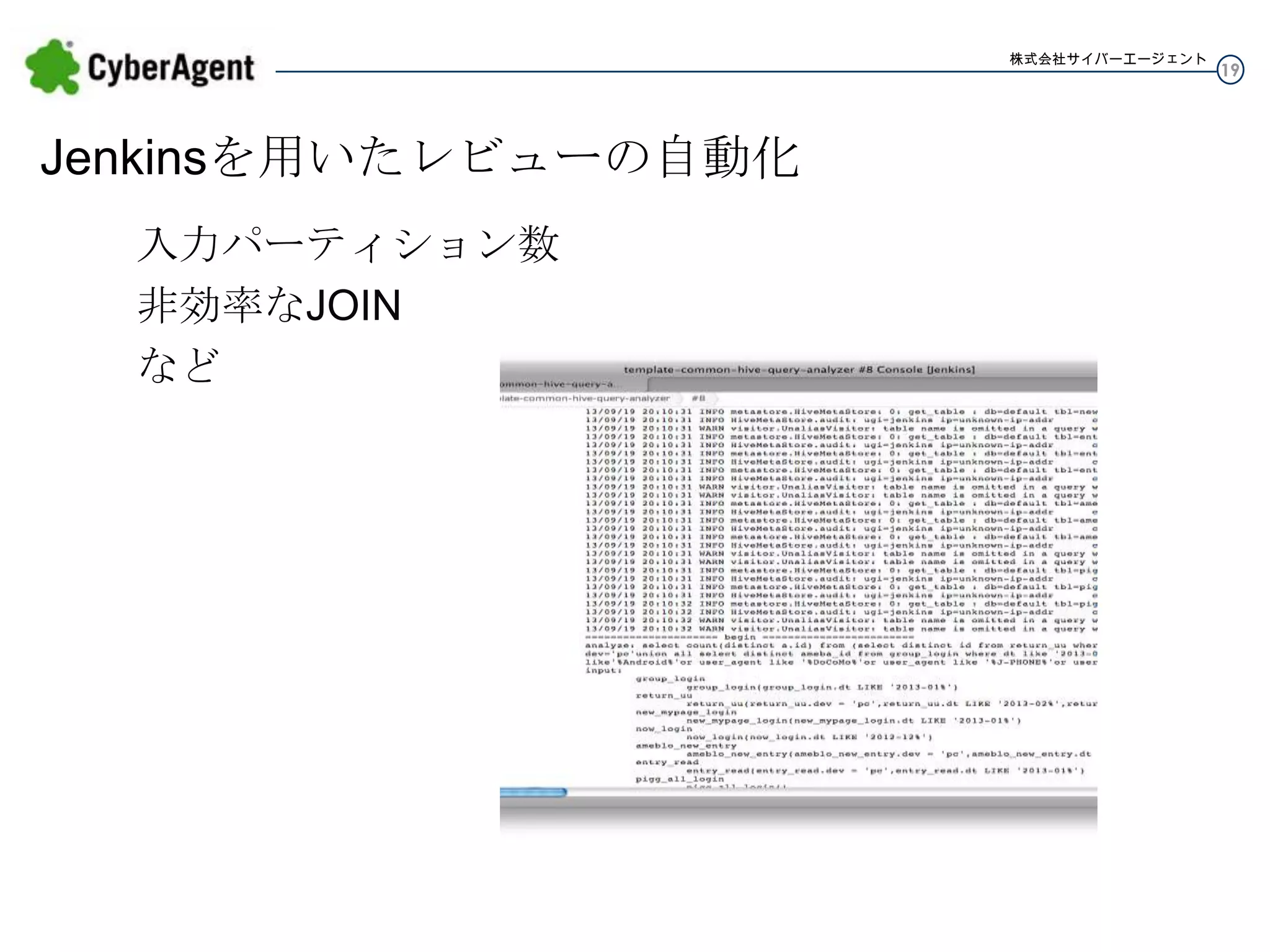 株式会社サイバーエージェント

Jenkinsを用いたレビューの自動化
入力パーティション数
非効率なJOIN
など

19

 