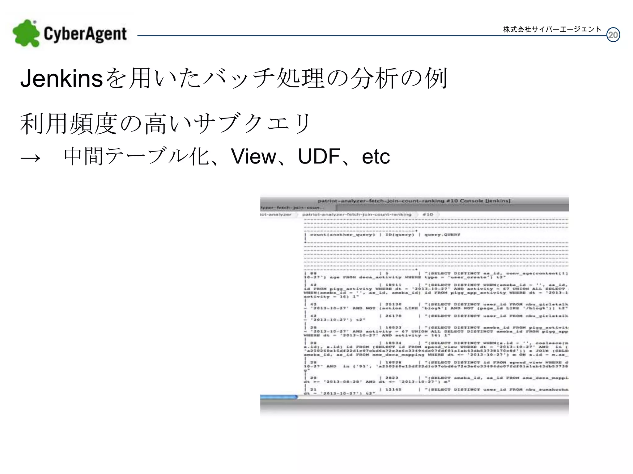 株式会社サイバーエージェント

Jenkinsを用いたバッチ処理の分析の例
利用頻度の高いサブクエリ
→ 中間テーブル化、View、UDF、etc

20

 