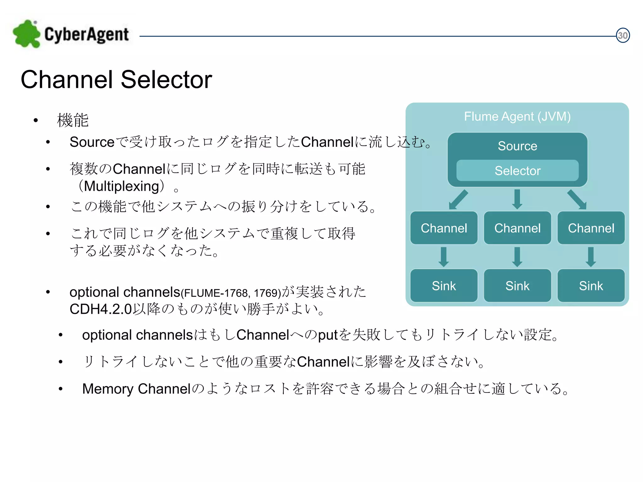 30

Channel Selector
•

Flume Agent (JVM)

機能
•

Sourceで受け取ったログを指定したChannelに流し込む。

Source

•

複数のChannelに同じログを同時に転送も可能
（Multiplexing）。
この機能で他システムへの振り分けをしている。

Selector

•
•

これで同じログを他システムで重複して取得
する必要がなくなった。

•

optional channels(FLUME-1768, 1769)が実装された
CDH4.2.0以降のものが使い勝手がよい。

Channel

Channel

Channel

Sink

Sink

Sink

•

optional channelsはもしChannelへのputを失敗してもリトライしない設定。

•

リトライしないことで他の重要なChannelに影響を及ぼさない。

•

Memory Channelのようなロストを許容できる場合との組合せに適している。

 