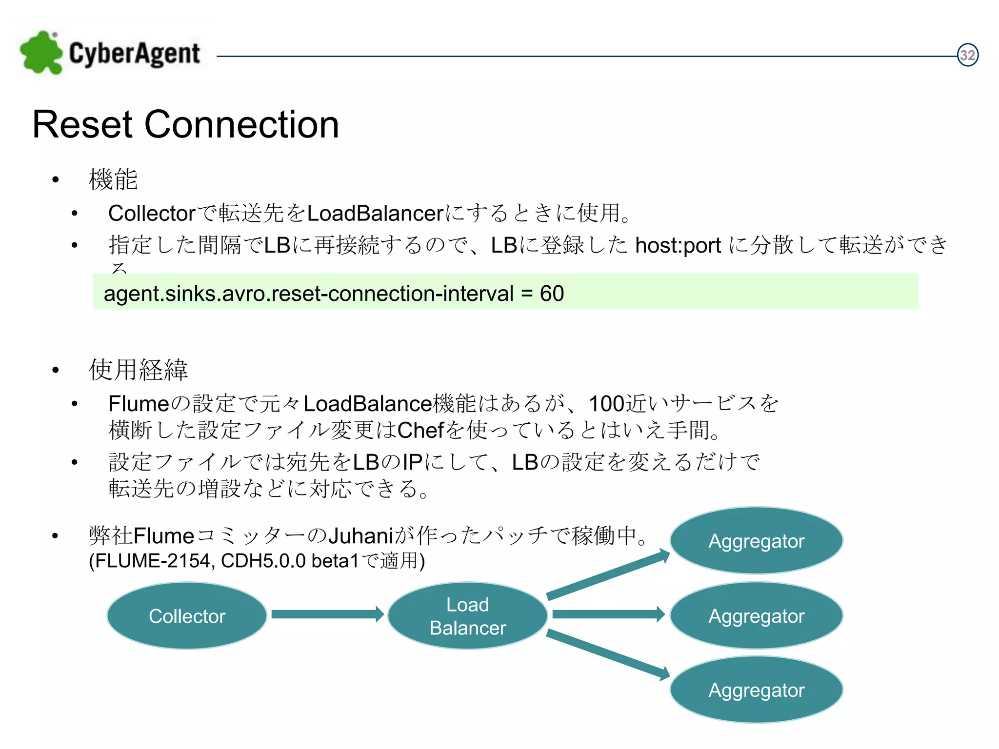 32

Reset Connection
•

機能
•
•

Collectorで転送先をLoadBalancerにするときに使用。
指定した間隔でLBに再接続するので、LBに登録した host:port に分散して転送ができる。
agent.sinks.avro.reset-connection-interval = 60

•

使用経緯
•

•
•

Flumeの設定で元々LoadBalance機能はあるが、100近いサービスを
横断した設定ファイル変更はChefを使っているとはいえ手間。
設定ファイルでは宛先をLBのIPにして、LBの設定を変えるだけで
転送先の増設などに対応できる。
弊社FlumeコミッターのJuhaniが作ったパッチで稼働中。
(FLUME-2154, CDH5.0.0 beta1で適用)

Collector

Load
Balancer

Aggregator

Aggregator

Aggregator

 