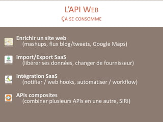 L’API WEB
ÇA SE CONSOMME
Enrichir un site web
(mashups, flux blog/tweets, Google Maps)
Import/Export SaaS
(libérer ses données, changer de fournisseur)
Intégration SaaS
(notifier / web hooks, automatiser / workflow)
APIs composites
(combiner plusieurs APIs en une autre, SIRI)
8

 