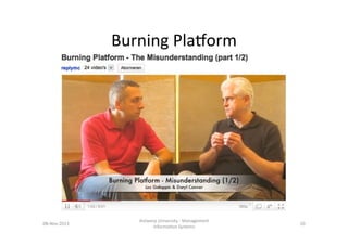 Burning	
  Placorm	
  

08-­‐Nov-­‐2013	
  

Antwerp	
  University	
  -­‐	
  Management	
  
Informa6on	
  Systems	
  	
  
...