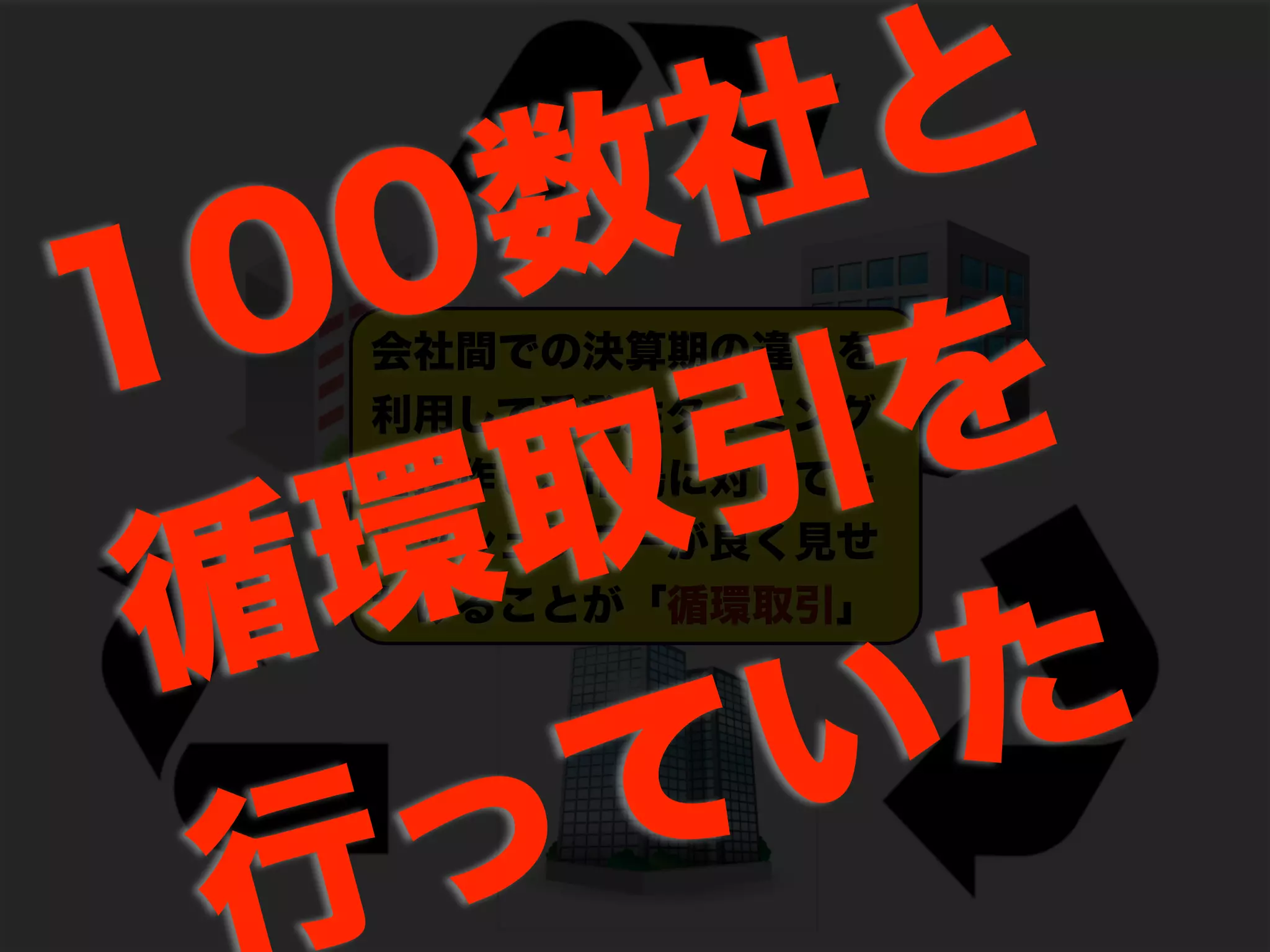 会社間での決算期の違いを
利用して受発注タイミング
を操作し、市場に対してキ
ャッシュフローが良く見せ
かけることが「循環取引」
100数社と
循環取引を
っていた
 