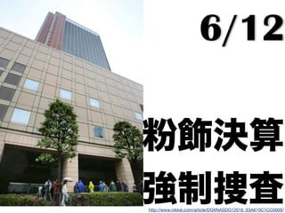 6/12
粉飾決算
強制捜査http://www.nikkei.com/article/DGXNASDG12016_S3A610C1CC0000/
 