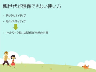 親世代が想像できない使い方


デジタルネイティブ



モバイルネイティブ



ネットワーク越しの関係が当然の世界

 