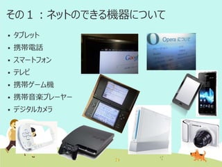 その１：ネットのできる機器について


タブレット



携帯電話



スマートフォン



テレビ



携帯ゲーム機



携帯音楽プレーヤー



デジタルカメラ

 