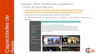 Capacidades de
Serie

http://blogs.office.com/b/office365tech/archive/2013/10/29/searchinnovations-for-site-and-portal-design-in-sharepoint-online.aspx

 