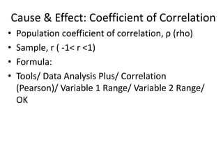 Cause & Effect: Coefficient of Correlation
•
•
•
•

Population coefficient of correlation, ρ (rho)
Sample, r ( -1< r <1)
Formula:
Tools/ Data Analysis Plus/ Correlation
(Pearson)/ Variable 1 Range/ Variable 2 Range/
OK

 