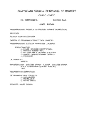 CAMPEONATO NACIONAL DE NATACION DE MASTER´S
CURSO CORTO
20 – 23 MAYO 2010.

OAXACA, OAX.
JUNTA

PREVIA.

PRESENTACION DEL PRESIDIUM (AUTORIDADES Y COMITÉ ORGANIZADOR).
BIENVENIDA
REVISION DE LA CONVOCATORIA
ENTREGA DEL PROGRAMA DE COMPETENCIA Y GAFETES
PRESENTACION DEL DIAGRAMA PARA USO DE LA ALBERCA
ESPECIFICACIONES
a).- DE LOS HORARIOS DE COMPETENCIA
b).- PRUEBAS DE 800 L Y 400 L
c).- OFICIALIA MAYOR, HOMBRES Y MUJERES
d).- NUMERO PARA UBICACIÓN DE CARRILES
e).- PREMIACION
CALENTAMIENTO
ABIERTO
TRANSPORTACION – CIUDAD DE OAXACA – ALBERCA – CIUDAD DE OAXACA.
BONOS DE TRANSPORTE (LUGAR Y PERSONA)
TAXIS
REGLAMENTO DE COMPETENCIA
PROGRAMA CULTURAL DE EVENTO
a).- GUELAGUETZA
b).- MONTE ALBAN
c).- VISITAS VARIAS
SERVICIOS – VIAJES OAXACA.

 