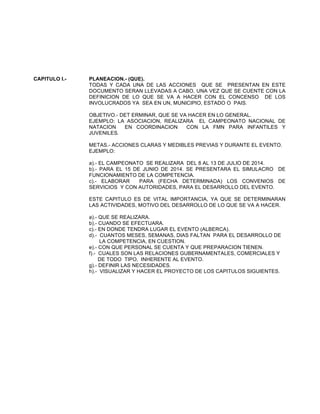 CAPITULO I.-

PLANEACION.- (QUE).
TODAS Y CADA UNA DE LAS ACCIONES QUE SE PRESENTAN EN ESTE
DOCUMENTO SERAN LLEVADAS A CABO, UNA VEZ QUE SE CUENTE CON LA
DEFINICION DE LO QUE SE VA A HACER CON EL CONCENSO DE LOS
INVOLUCRADOS YA SEA EN UN, MUNICIPIO, ESTADO O PAIS.
OBJETIVO.- DET ERMINAR, QUE SE VA HACER EN LO GENERAL.
EJEMPLO: LA ASOCIACION, REALIZARA EL CAMPEONATO NACIONAL DE
NATACION
EN COORDINACION
CON LA FMN PARA INFANTILES Y
JUVENILES.
METAS.- ACCIONES CLARAS Y MEDIBLES PREVIAS Y DURANTE EL EVENTO.
EJEMPLO:
a).- EL CAMPEONATO SE REALIZARA DEL 8 AL 13 DE JULIO DE 2014.
b).- PARA EL 15 DE JUNIO DE 2014. SE PRESENTARA EL SIMULACRO DE
FUNCIONAMIENTO DE LA COMPETENCIA.
c).- ELABORAR
PARA (FECHA DETERMINADA) LOS CONVENIOS DE
SERVICIOS Y CON AUTORIDADES, PARA EL DESARROLLO DEL EVENTO.
ESTE CAPITULO ES DE VITAL IMPORTANCIA, YA QUE SE DETERMINARAN
LAS ACTIVIDADES, MOTIVO DEL DESARROLLO DE LO QUE SE VA A HACER.
a).- QUE SE REALIZARA.
b).- CUANDO SE EFECTUARA.
c).- EN DONDE TENDRA LUGAR EL EVENTO (ALBERCA).
d).- CUANTOS MESES, SEMANAS, DIAS FALTAN PARA EL DESARROLLO DE
LA COMPETENCIA, EN CUESTION.
e).- CON QUE PERSONAL SE CUENTA Y QUE PREPARACION TIENEN.
f).- CUALES SON LAS RELACIONES GUBERNAMENTALES, COMERCIALES Y
DE TODO TIPO, INHERENTE AL EVENTO.
g).- DEFINIR LAS NECESIDADES.
h).- VISUALIZAR Y HACER EL PROYECTO DE LOS CAPITULOS SIGUIENTES.

 
