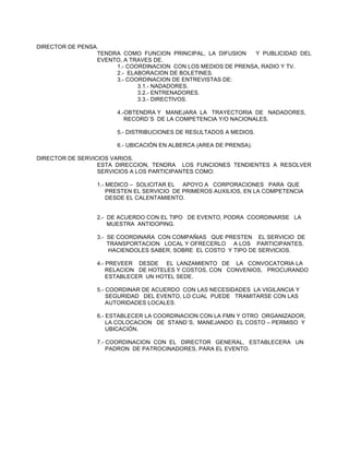 DIRECTOR DE PENSA.
TENDRA COMO FUNCION PRINCIPAL, LA DIFUSION
Y PUBLICIDAD DEL
EVENTO, A TRAVES DE.
1.- COORDINACION CON LOS MEDIOS DE PRENSA, RADIO Y TV.
2.- ELABORACION DE BOLETINES.
3.- COORDINACION DE ENTREVISTAS DE:
3.1.- NADADORES.
3.2.- ENTRENADORES.
3.3.- DIRECTIVOS.
4.-OBTENDRA Y MANEJARA LA TRAYECTORIA DE NADADORES,
RECORD´S DE LA COMPETENCIA Y/O NACIONALES.
5.- DISTRIBUCIONES DE RESULTADOS A MEDIOS.
6.- UBICACIÓN EN ALBERCA (AREA DE PRENSA).
DIRECTOR DE SERVICIOS VARIOS.
ESTA DIRECCION, TENDRA LOS FUNCIONES TENDIENTES A RESOLVER
SERVICIOS A LOS PARTICIPANTES COMO:
1.- MEDICO – SOLICITAR EL APOYO A CORPORACIONES PARA QUE
PRESTEN EL SERVICIO DE PRIMEROS AUXILIOS, EN LA COMPETENCIA
DESDE EL CALENTAMIENTO.
2.- DE ACUERDO CON EL TIPO DE EVENTO, PODRA COORDINARSE LA
MUESTRA ANTIDOPING.
3.- SE COORDINARA CON COMPAÑIAS QUE PRESTEN EL SERVICIO DE
TRANSPORTACION LOCAL Y OFRECERLO A LOS PARTICIPANTES,
HACIENDOLES SABER, SOBRE EL COSTO Y TIPO DE SERVICIOS.
4.- PREVEER DESDE EL LANZAMIENTO DE LA CONVOCATORIA LA
RELACION DE HOTELES Y COSTOS, CON CONVENIOS, PROCURANDO
ESTABLECER UN HOTEL SEDE.
5.- COORDINAR DE ACUERDO CON LAS NECESIDADES LA VIGILANCIA Y
SEGURIDAD DEL EVENTO, LO CUAL PUEDE TRAMITARSE CON LAS
AUTORIDADES LOCALES.
6.- ESTABLECER LA COORDINACION CON LA FMN Y OTRO ORGANIZADOR,
LA COLOCACION DE STAND´S, MANEJANDO EL COSTO – PERMISO Y
UBICACIÓN.
7.- COORDINACION CON EL DIRECTOR GENERAL, ESTABLECERA UN
PADRON DE PATROCINADORES, PARA EL EVENTO.

 