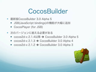 CocosBuilder
?? °CocosBuilder 3.0 Alpha 5
?? JSB(JavaScript bindings)ΙCܤ׷
?? CocosPlayer (for JSB)
?? ΤΥЩ`˓BҪ
?? cocos2d-x 2.1.4Խ ? CocosBuilder 3.0 Alpha 5
?? cocos2d-x 2.1.3 ? CocosBuilder 3.0 Alpha 4
?? cocos2d-x 2.1.2 ? CocosBuilder 3.0 Alpha 3

 