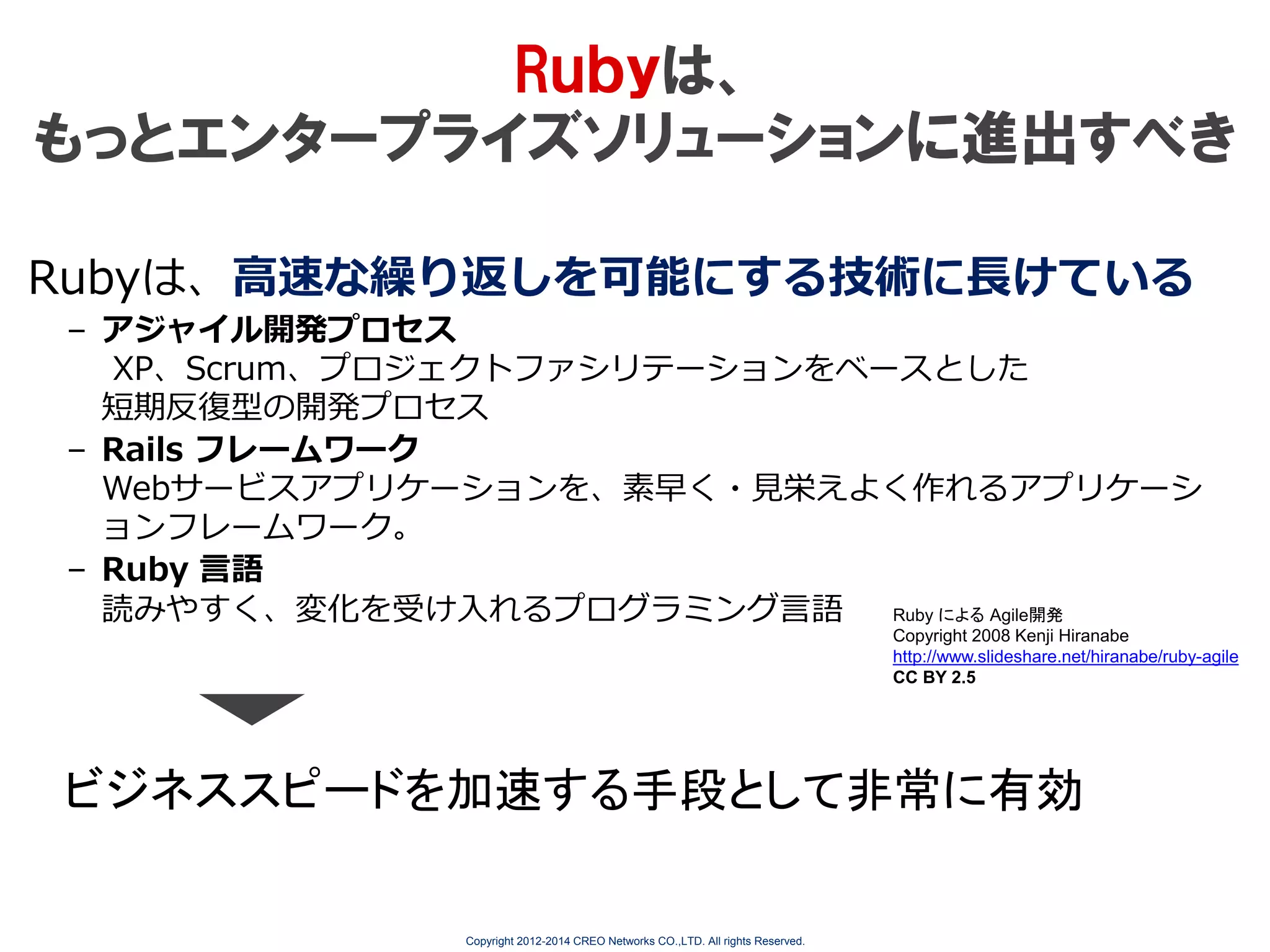 Rｕｂｙは、
もっとエンタープライズソリューションに進出すべき
Rubyは、高速な繰り返しを可能にする技術に長けている
– アジャイル開発プロセス
XP、Scrum、プロジェクトファシリテーションをベースとした
短期反復型の開発プロセス
– Rails フレームワーク
Webサービスアプリケーションを、素早く・見栄えよく作れるアプリケーシ
ョンフレームワーク。
– Ruby 言語
読みやすく、変化を受け入れるプログラミング言語
Ruby による Agile開発
Copyright 2008 Kenji Hiranabe
http://www.slideshare.net/hiranabe/ruby-agile
CC BY 2.5

ビジネススピードを加速する手段として非常に有効

Copyright 2012-2014 CREO Networks CO.,LTD. All rights Reserved.

 