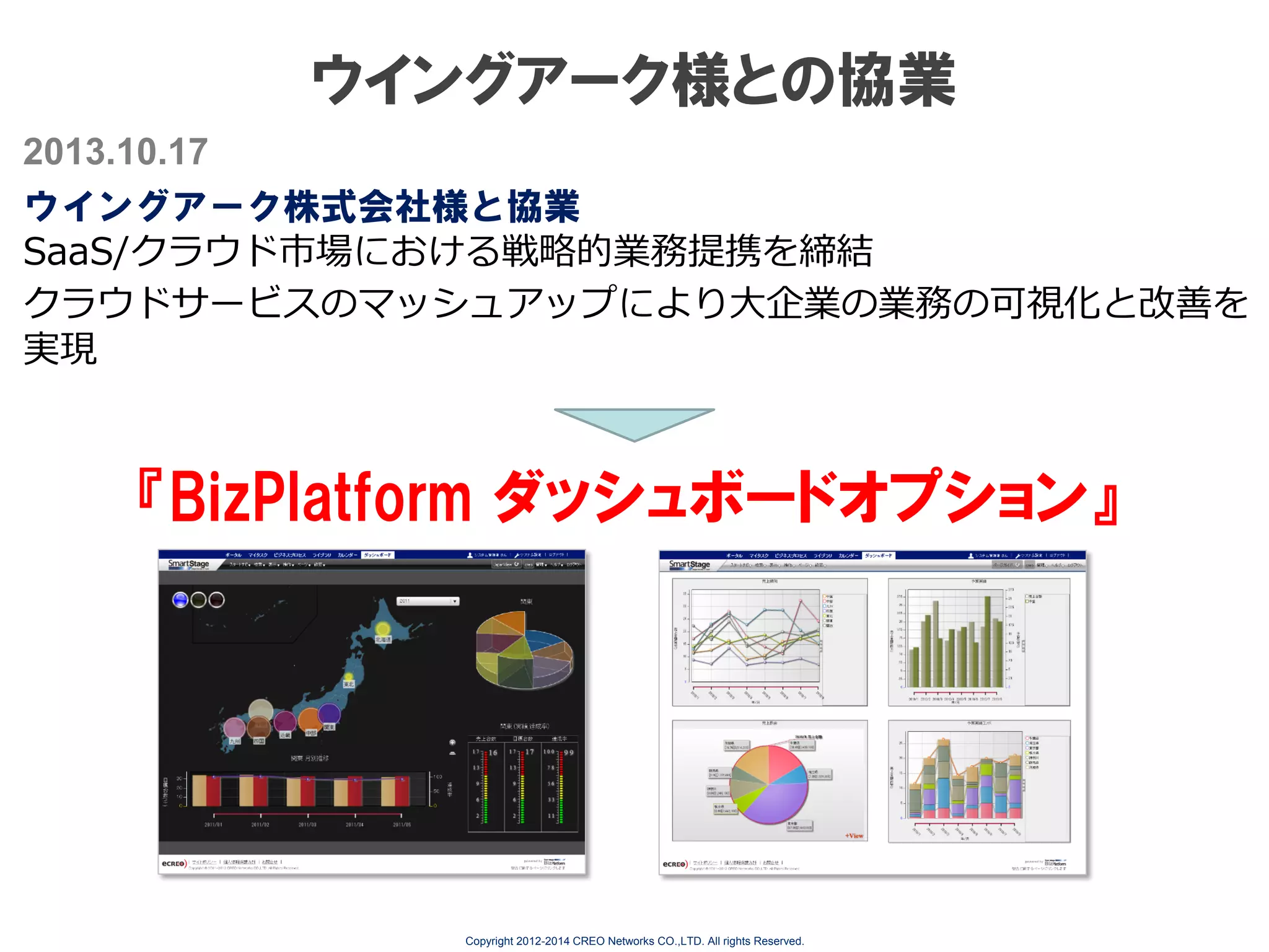 ウイングアーク様との協業
2013.10.17
ウイングアーク株式会社様と協業
SaaS/クラウド市場における戦略的業務提携を締結
クラウドサービスのマッシュアップにより大企業の業務の可視化と改善を
実現

『BizPlatform ダッシュボードオプション』

Copyright 2012-2014 CREO Networks CO.,LTD. All rights Reserved.

 