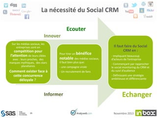 La nécessité du Social CRM
Ecouter
Innover
Sur les médias sociaux, les
entreprises sont en

compétition pour
l’attention de leurs cibles
avec : leurs proches, des
marques mythiques, des stars
planétaires

Comment exister face à
cette concurrence
déloyale ?

Pour tirer un bénéfice

notable des médias sociaux,
il faut bien plus que:
- une campagne virale
- Un recrutement de fans

Informer

25

Il faut faire du Social
CRM en :
- Impliquant beaucoup
d’acteurs de l’entreprise
- Commençant par rapprocher
le social monitoring du CRM et
du suivi d’audience
- Définissant une stratégie
ambitieuse et différenciante

Echanger
Novembre 2013

 