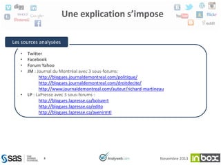 Une explication s’impose
Les sources analysées
•
•
•
•

•

Twitter
Facebook
Forum Yahoo
JM : Journal du Montréal avec 3 sous-forums:
• http://blogues.journaldemontreal.com/politique/,
• http://blogues.journaldemontreal.com/droitdecite/,
• http://www.journaldemontreal.com/auteur/richard-martineau )
LP : LaPresse avec 3 sous-forums :
• http://blogues.lapresse.ca/boisvert,
• http://blogues.lapresse.ca/edito,
• http://blogues.lapresse.ca/avenirmtl )

8

Novembre 2013

 