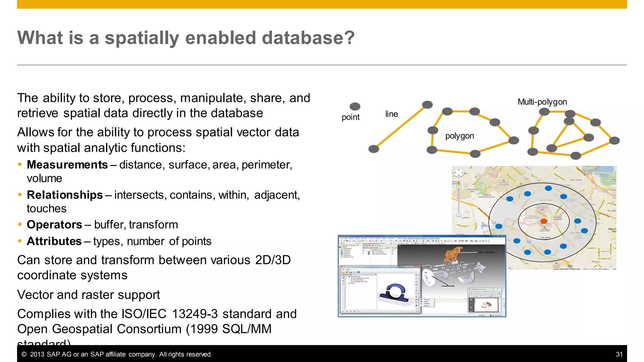 What is a spatially enabled database?
The ability to store, process, manipulate, share, and
retrieve spatial data directly in the database
Allows for the ability to process spatial vector data
with spatial analytic functions:

Multi-polygon
point

line
polygon

 Measurements – distance, surface, area, perimeter,
volume
 Relationships – intersects, contains, within, adjacent,
touches
 Operators – buffer, transform
 Attributes – types, number of points

Can store and transform between various 2D/3D
coordinate systems
Vector and raster support
Complies with the ISO/IEC 13249-3 standard and
Open Geospatial Consortium (1999 SQL/MM
standard)
© 2013 SAP AG or an SAP affiliate company. All rights reserved.

31

 