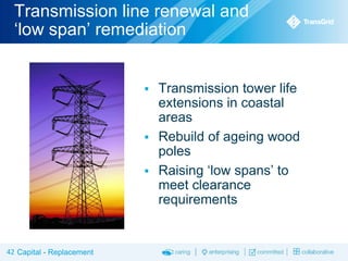 Transmission line renewal and
‘low span’ remediation



Transmission tower life
extensions in coastal
areas
 Rebuild of ageing wood
poles
 Raising ‘low spans’ to
meet clearance
requirements

42 Capital - Replacement

 