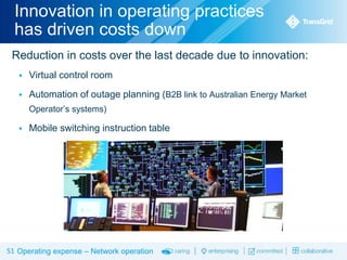 Innovation in operating practices
has driven costs down
Reduction in costs over the last decade due to innovation:


Virtual control room



Automation of outage planning (B2B link to Australian Energy Market
Operator’s systems)



Mobile switching instruction table

51 Operating expense – Network operation

 