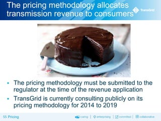 The pricing methodology allocates
transmission revenue to consumers



The pricing methodology must be submitted to the
regulator at the time of the revenue application
 TransGrid is currently consulting publicly on its
pricing methodology for 2014 to 2019
55 Pricing

 