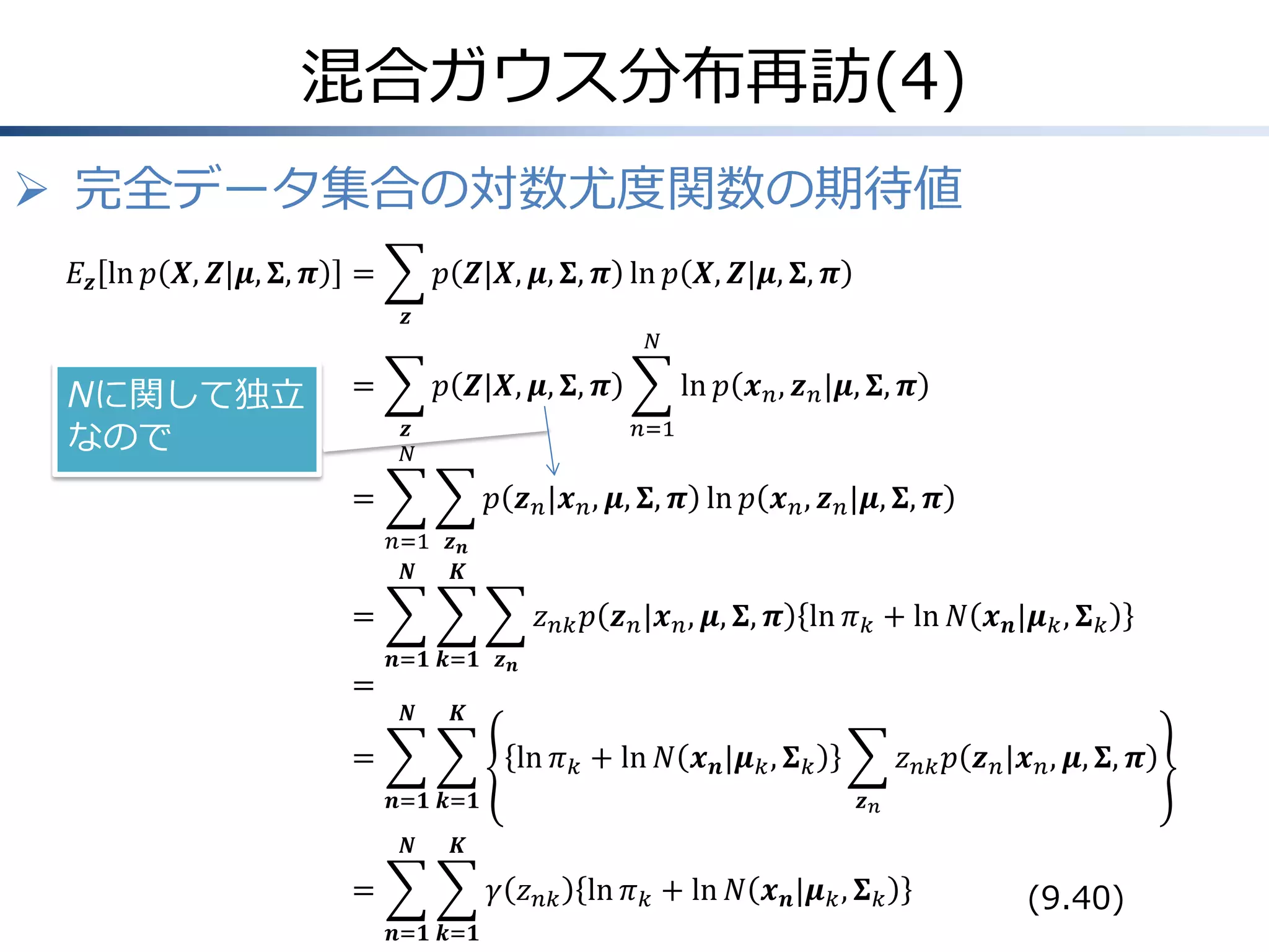 混合ガウス分布再訪(4)
 完全データ集合の対数尤度関数の期待値
𝐸 𝒛 ln 𝑝 𝑿, 𝒁|𝝁, 𝚺, 𝝅

=

𝑝 𝒁|𝑿, 𝝁, 𝚺, 𝝅 ln 𝑝 𝑿, 𝒁|𝝁, 𝚺, 𝝅
𝒛

Nに関して独立
なので

=

𝑁

𝑝 𝒁|𝑿, 𝝁, 𝚺, 𝝅
𝒛
𝑁

ln 𝑝 𝒙 𝑛 , 𝒛 𝑛 |𝝁, 𝚺, 𝝅
𝑛=1

=

𝑝 𝒛 𝑛 |𝒙 𝑛 , 𝝁, 𝚺, 𝝅 ln 𝑝 𝒙 𝑛 , 𝒛 𝑛 |𝝁, 𝚺, 𝝅
𝑛=1 𝒛 𝒏
𝑵
𝑲

=
=

𝑧 𝑛𝑘 𝑝 𝒛 𝑛 |𝒙 𝑛 , 𝝁, 𝚺, 𝝅 ln 𝜋 𝑘 + ln 𝑁 𝒙 𝒏 |𝝁 𝑘 , 𝚺 𝑘
𝒏=𝟏 𝒌=𝟏 𝒛 𝒏
𝑵

𝑲

=

ln 𝜋 𝑘 + ln 𝑁 𝒙 𝒏 |𝝁 𝑘 , 𝚺 𝑘
𝒏=𝟏 𝒌=𝟏
𝑵

𝑧 𝑛𝑘 𝑝 𝒛 𝑛 |𝒙 𝑛 , 𝝁, 𝚺, 𝝅
𝒛𝑛

𝑲

=

𝛾 𝑧 𝑛𝑘 ln 𝜋 𝑘 + ln 𝑁 𝒙 𝒏 |𝝁 𝑘 , 𝚺 𝑘
𝒏=𝟏 𝒌=𝟏

(9.40)

 