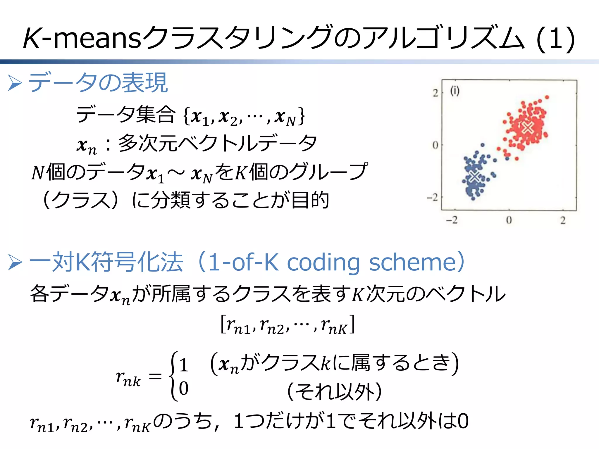 K-meansクラスタリングのアルゴリズム (1)
 データの表現
データ集合 𝒙1 , 𝒙2 , ⋯ , 𝒙 𝑁
𝒙 𝑛 ：多次元ベクトルデータ
𝑁個のデータ𝒙1 ～ 𝒙 𝑁 を𝐾個のグループ
（クラス）に分類することが目的

 一対K符号化法（1-of-K coding scheme）
各データ𝒙 𝑛 が所属するクラスを表す𝐾次元のベクトル
𝑟 𝑛1 , 𝑟 𝑛2 , ⋯ , 𝑟 𝑛𝐾

𝒙 𝑛 がクラス𝑘に属するとき
（それ以外）
𝑟 𝑛1 , 𝑟 𝑛2 , ⋯ , 𝑟 𝑛𝐾 のうち，1つだけが1でそれ以外は0
𝑟 𝑛𝑘 =

1
0

 