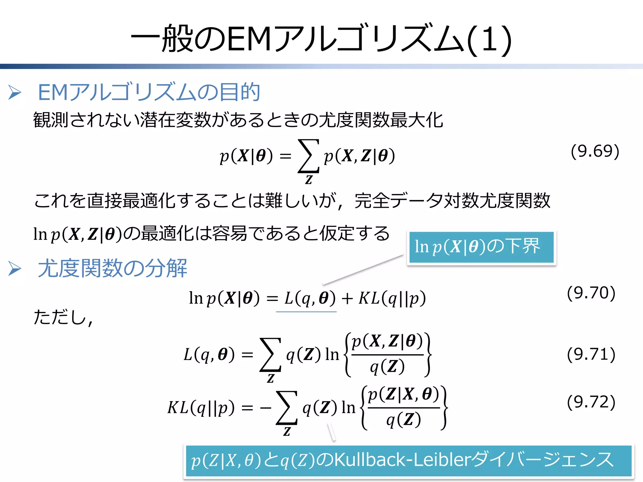 一般のEMアルゴリズム(1)
 EMアルゴリズムの目的
観測されない潜在変数があるときの尤度関数最大化
𝑝 𝑿|𝜽 =

(9.69)

𝑝 𝑿, 𝒁|𝜽
𝒁

これを直接最適化することは難しいが，完全データ対数尤度関数

ln 𝑝 𝑿, 𝒁|𝜽 の最適化は容易であると仮定する

 尤度関数の分解
ただし，

ln 𝑝 𝑿|𝜽 の下界

ln 𝑝 𝑿|𝜽 = 𝐿 𝑞, 𝜽 + 𝐾𝐿 𝑞||𝑝

(9.70)

𝑝 𝑿, 𝒁|𝜽
𝑞 𝒁

(9.71)

𝐿 𝑞, 𝜽 =

𝑞 𝒁 ln
𝒁

𝐾𝐿 𝑞||𝑝 = −
𝒁

𝑝 𝒁|𝑿, 𝜽
𝑞 𝒁 ln
𝑞 𝒁

(9.72)

𝑝 𝑍|𝑋, 𝜃 と𝑞 𝑍 のKullback-Leiblerダイバージェンス

 