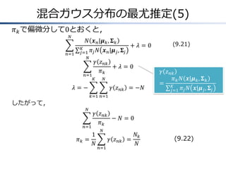 混合ガウス分布の最尤推定(5)
𝜋 𝑘 で偏微分して0とおくと，
𝑁

𝑁 𝒙 𝑛 |𝝁 𝑘 , 𝚺 𝑘

𝑛=1

𝐾
𝑗=1 𝜋 𝑗
𝑁

𝑛=1

𝑁 𝒙 𝑛 |𝝁 𝑗 , 𝚺 𝑗

+ 𝜆=0

𝛾 𝑧 𝑛𝑘
+ 𝜆=0
𝜋𝑘

𝐾

𝑁

𝜆=−

𝛾 𝑧 𝑛𝑘 = −𝑁

(9.21)

𝛾 𝑧 𝑛𝑘
𝜋 𝑘 𝑁 𝒙|𝝁 𝑘 , 𝚺 𝑘
= 𝐾
𝑗=1 𝜋 𝑗 𝑁 𝒙|𝝁 𝑗 , 𝚺 𝑗

𝑘=1 𝑛=1

したがって，
𝑁

𝑛=1

𝜋𝑘 =

𝛾 𝑧 𝑛𝑘
− 𝑁=0
𝜋𝑘
1
𝑁

𝑁

𝛾 𝑧 𝑛𝑘 =
𝑛=1

𝑁𝑘
𝑁

(9.22)

 