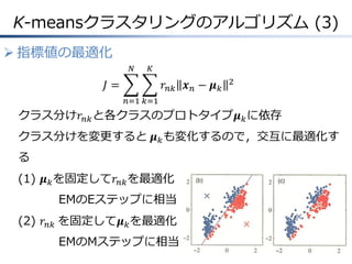 K-meansクラスタリングのアルゴリズム (3)
 指標値の最適化
𝑁

𝐾

𝐽=

𝑟 𝑛𝑘 𝒙 𝑛 − 𝝁 𝑘

2

𝑛=1 𝑘=1

クラス分け𝑟 𝑛𝑘 と各クラスのプロトタイプ𝝁 𝑘 に依存
クラス分けを変更すると 𝝁 𝑘 も変化するので，交互に最適化す

る
(1) 𝝁 𝑘 を固定して𝑟 𝑛𝑘 を最適化
EMのEステップに相当
(2) 𝑟 𝑛𝑘 を固定して𝝁 𝑘 を最適化
EMのMステップに相当

 