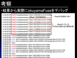 考察
・結果から実際にokuyamaFuseをデバッグ
14:38:28.619: read:/mysqldata/ibdata1 offset:109363200 buf.limit:16384
14:38:28.627: read:/mysqldata/ibdata1 offset:102596608 buf.limit:16384

Readが圧倒的に多い

14:38:28.633: read:/mysqldata/ibdata1 offset:139051008 buf.limit:16384
14:38:28.634: read:/mysqldata/ibdata1 offset:107429888 buf.limit:16384
14:38:28.639: read:/mysqldata/ibdata1 offset:168738816 buf.limit:16384

offsetがバラバラ
14:38:28.648: read:/mysqldata/ibdata1 offset:168755200 buf.limit:16384 ※offsetは読み込み開始位置
14:38:28.653: read:/mysqldata/ibdata1 offset:117489664 buf.limit:16384
14:38:28.653: read:/mysqldata/ibdata1 offset:117522432 buf.limit:16384
14:38:28.658: read:/mysqldata/ibdata1 offset:117506048 buf.limit:16384
14:38:28.661: read:/mysqldata/ibdata1 offset:137396224 buf.limit:16384
14:38:28.668: read:/mysqldata/ibdata1 offset:126484480 buf.limit:16384
14:38:28.669: write path:/mysqldata/ib_logfile0 offset:3025920 isWritepage:false buf.limit:1024
14:38:28.676: write path:/mysqldata/ib_logfile0 offset:3026944 isWritepage:false buf.limit:1024
14:38:28.677: fsync
14:38:28.724: read:/mysqldata/ibdata1 offset:144719872 buf.limit:16384
14:38:28.725: read:/mysqldata/ibdata1 offset:160104448 buf.limit:16384
14:38:28.732: read:/mysqldata/ibdata1 offset:143097856 buf.limit:16384
14:38:28.736: write path:/mysqldata/ib_logfile0 offset:3029504 isWritepage:false buf.limit:1536
14:38:28.743: write path:/mysqldata/ib_logfile0 offset:3031040 isWritepage:false buf.limit:512
14:38:28.744: fsync
14:38:28.769: read:/mysqldata/ibdata1 offset:134873088 buf.limit:16384
14:38:28.772: read:/mysqldata/ibdata1 offset:103497728 buf.limit:16384

 