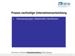 Prozess nachhaltiger Unternehmensentwicklung

 1. Interessengruppen (Stakeholder) identifizieren




Definitionen | Modelle | Prozessbeschreibung | BPW Leitfragen
                                                                I 15
 