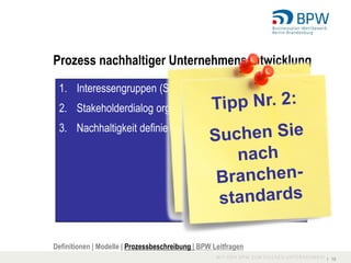 Prozess nachhaltiger Unternehmensentwicklung

 1. Interessengruppen (Stakeholder) identifizieren
 2. Stakeholderdialog organisieren
 3. Nachhaltigkeit definieren




Definitionen | Modelle | Prozessbeschreibung | BPW Leitfragen
                                                                I 19
 