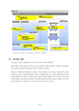 목차구성

§

프로세스 년차별로 나누어져있고, 하나의 표로 만들었다.

21. 시나리오 작업
스토리보드는 좀더 사업성에 맞는 비즈니스 블록별 구성을 통해 한다.
평가는 짧은 시간에 내용을 유기적으로 나름 검증받은 모형을 사용한다. 컨설턴트가 좋아하는
것은 검증된 모델링을 통해 자신의 생각을 전달하는 것이 좋다.
시나리오 작업명세서는 엑셀같은 스프레드 시트를 사용하는 것이 편하다. 그림과 같이 구분자
를 통해 하나 하나 작성한다. 최종문서 포맷은 아래한글이다. 워드로 내면 안돼냐라고 하는데,
사용자 편의를 위해 워드를 지원한다. 다시 한번 상기하면 창업을 한다는 맘은 자기가 좋아하
는 일만 한다는것과 동의어가 아니다. 또한 이또한 제안의 영역에 들어간다. 제안은 내가 하고
싶은 이야기를 하는 것이 아니고, 듣고 싶은 이야기를 한다는 것이다.

- 104 -

 
