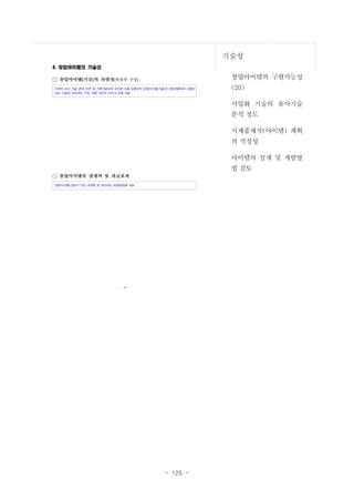 기술성
창업아이템의 구현가능성
(20)
사업화 기술의 유사기술
분석 정도
시제품제작(아이템) 계획
의 적정성
아이템의 설계 및 개발방
법 검토

- 125 -

 