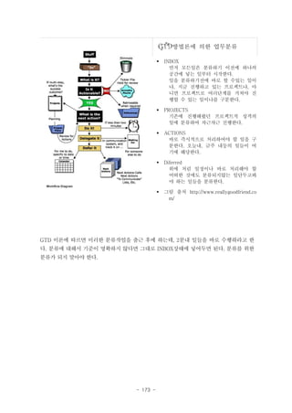 GTD방법론에

의한 업무분류

§

INBOX
먼저 모든일은 분류하기 이전에 하나의
공간에 넣는 일부터 시작한다.
일을 분류하기전에 바로 할 수있는 일이
냐, 지금 진행하고 있는 프로젝트냐, 아
니면 프로젝트로 여러단계를 거쳐야 진
행할 수 있는 일이냐를 구분한다.

§

PROJECTS
기존에 진행해왔던 프로젝트적 성격의
일에 분류하여 차근차근 진행한다.

§

ACTIONS
바로 즉시적으로 처리하여야 할 일을 구
분한다. 오늘내, 금주 내등의 일들이 여
기에 해당한다.

§

Diferred
위에 처럼 일정이나 바로 처리해야 할
어떠한 것에도 분류되지않는 일단두고봐
야 하는 일들을 분류한다.

§

그림 출처 http://www.reallygoodfriend.co
m/

GTD 이론에 따르면 이러한 분류작업을 출근 후에 하는데, 2분내 일들을 바로 수행하라고 한
다. 분류에 대해서 기준이 명확하지 않다면 그대로 INBOX상태에 넣어두면 된다. 분류를 위한
분류가 되지 말아야 한다.

- 173 -

 