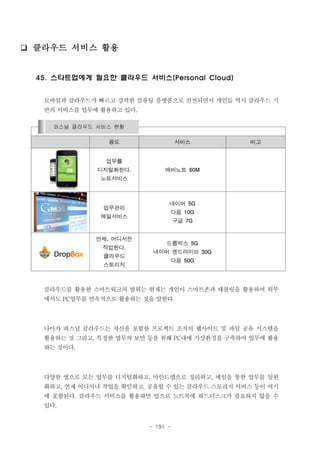 ❑ 클라우드 서비스 활용

45. 스타트업에게 필요한 클라우드 서비스(Personal Cloud)
모바일과 클라우드가 빠르고 강력한 컴퓨팅 플랫폼으로 진전되면서 개인들 역시 클라우드 기
반의 서비스를 업무에 활용하고 있다.
퍼스널 클라우드 서비스 현황
용도

서비스

비고

업무를
디지털화한다.

에버노트

60M

노트서비스

업무관리

네이버
다음

메일서비스

언제, 어디서든
작업한다.
클라우드

구글

5G

10G
7G

드롭박스

5G

네이버 엔드라이브
다음

스토리지

30G

50G

클라우드를 활용한 스마트워크의 범위는 현재는 개인이 스마트폰과 태블릿을 활용하여 외부
에서도 PC업무를 연속적으로 활용하는 것을 말한다.

나아가 퍼스널 클라우드는 자신을 포함한 프로젝트 조직의 웹사이트 및 파일 공유 시스템을
활용하는 것 그리고, 특정한 업무의 보안 등을 위해 PC내에 가상환경을 구축하여 업무에 활용
하는 것이다.

다양한 앱으로 모든 업무를 디지털화하고, 마인드맵으로 정리하고, 메일을 통한 업무를 일원
화하고, 언제 어디서나 작업을 확인하고, 공유할 수 있는 클라우드 스토리지 서비스 등이 여기
에 포함된다. 클라우드 서비스를 활용하면 앞으로 노트북에 하드디스크가 필요하지 않을 수
있다.

- 191 -

 